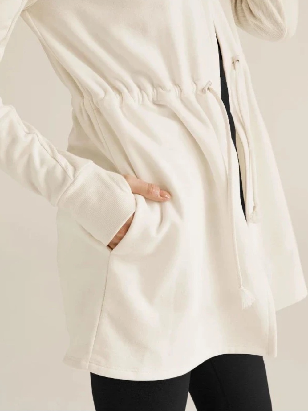 Beyond Yoga On the Go Open Front Hooded Jacket White Pockets Fleece Athleisure - Picture 10 of 10